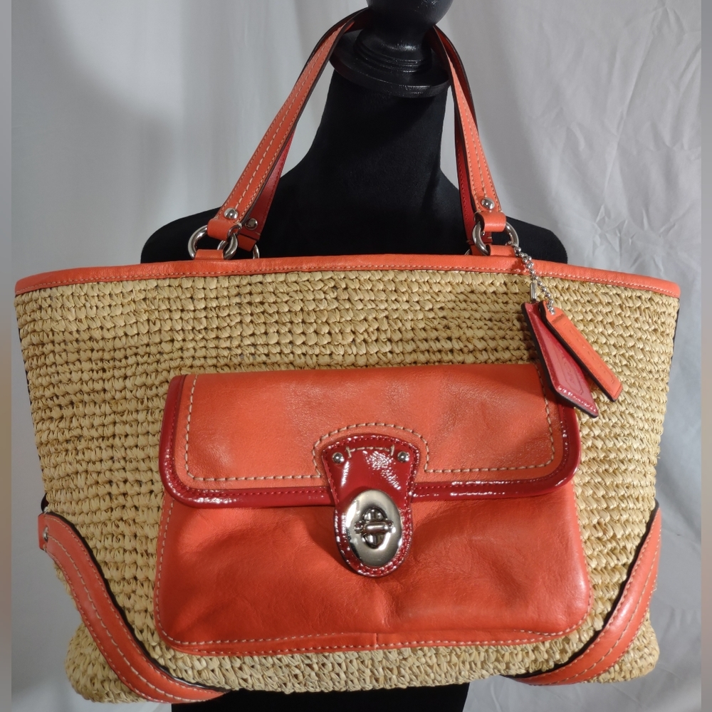 COACH Coral & Red Leather & Straw Shoulder/Tote Bag